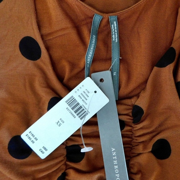 NWT!! ANTHROPOLOGIE Ruched Midi Dress Brown Black Polka Dots Party X-Small - Picture 11 of 14